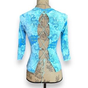 Vintage Blue Dragon Print Top With Lace-Up Back Size S